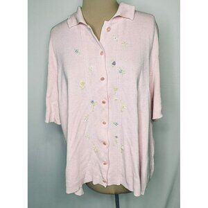 Koret 4X Pink Knit Button-Up Cardigan Short Sleeve Embroidered Floral Details